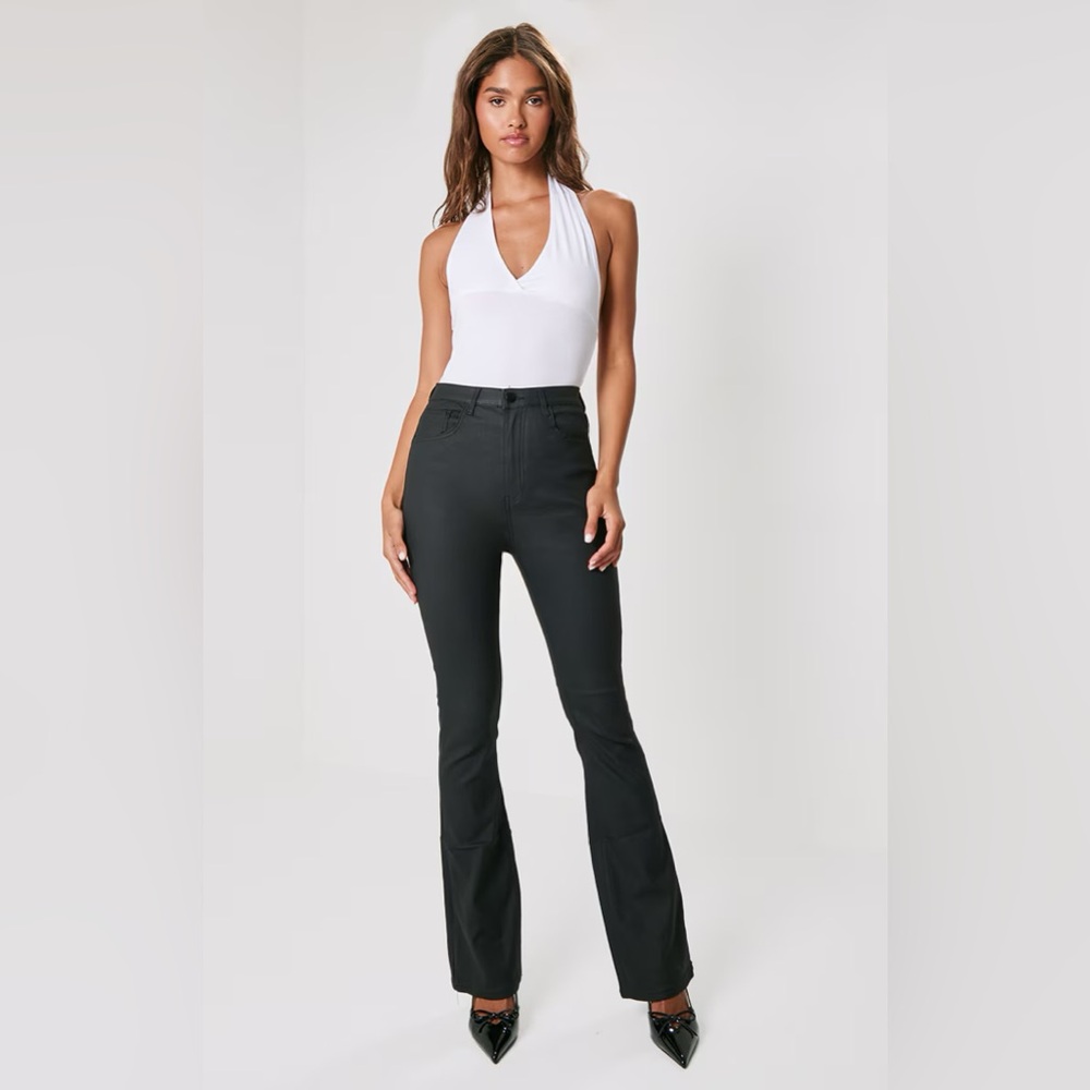PrettyLittleThing Black Coated Flared Pants Size 2